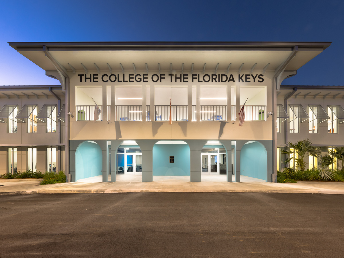 Architectural dusk view of the College of the entrance of the Florida Keys in Key Largo, FL.